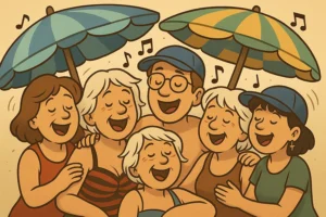 Grupo de cinco personas apiñadas bajo dos sombrillas pequeñas en la playa de Benidorm, cantando "Mi gran noche" de Raphael con humor y felicidad.