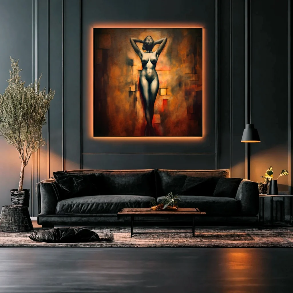 Mockup de arte digital generado con IA para decoración de interiores. Obra artística de Arleka con iluminación destacada en salón moderno.