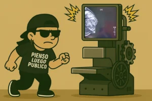Mujer plantada frente a la máquina del horror, con cara de «me la aplastáis pero no me callo». Humor, rayos X y ovarios bien puestos. Biopsia mamaria en camino.