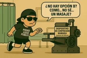 Ilustración humorística de una mujer con camiseta «Pienso Luego Publico» entrando de puntillas a una sala de hospital, camino de una revisión por bultos en el pecho, ante una máquina de mamografía estilo tortura medieval.