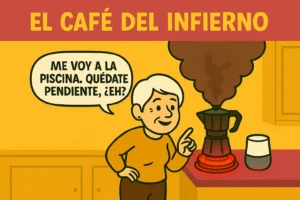 Ilustración divertida de una cafetera italiana al rojo vivo con el asa derretida y una madre sonriente, mientras su hija la observa asustada. Humor sobre cafés fallidos y madres impredecibles.