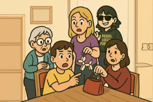 Ilustración humorística de una escena familiar con un niño señalando un llavero en forma de perro de globos, mientras su madre, su prima, su tía abuela y Sylvia observan sorprendidas.
