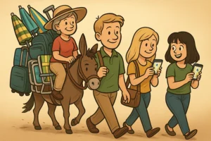 Ilustración humorística de una familia viajando: mujer mayor en burro cargado con equipaje, acompañada de familiares mirando Google Maps