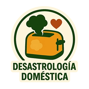 Sticker Desastrología Doméstica con tostadora echando humo y corazón, contenido SEO sobre caos cotidiano con humor y convivencia real.