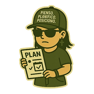 Avatar en estilo sticker con borde crema sosteniendo una hoja de planificación de contenidos SEO