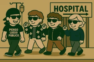 Ilustración cómica de cuatro mujeres con gafas de sol entrando decididas al hospital. Una lleva camiseta con el lema “Pienso, luego publico” y las otras representan a las Supremas de Carabanchel, acompañando con actitud cañera y humor.