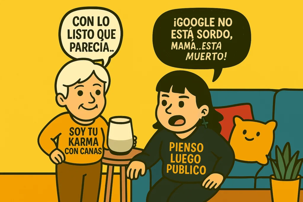 Madre mayor con camiseta "Soy tu karma con canas" hablando con su hija sobre Google Home que no responde