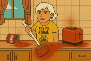 Mujer mayor limpiando cocina llena de pimentón junto a una tostadora roja con humo