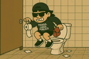 Avatar de Sylvia flotando sobre un váter en un baño sucio, con cara de tensión, bolso en la boca y sudadera que dice «Pienso, Luego Publico».