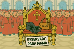 Ilustración satírica del Vaticano con un trono papal vacío, bolso, gafas y cartel que dice «Reservado para mamá», rodeado de cardenales.