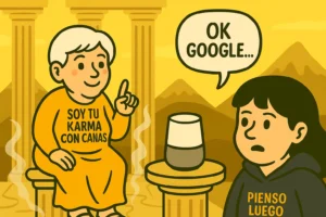 Ilustración divertida del oráculo de Delfos reinventado con una madre y Google Home como asistente de voz