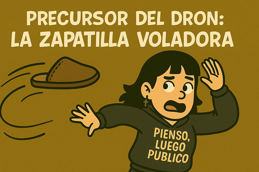 Ilustración divertida de una zapatilla voladora a punto de impactar, con una mujer huyendo asustada. Representa con humor el clásico castigo materno convertido en arte de precisión.