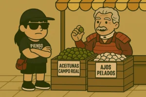 Mujer con gafas de sol y camiseta de “Pienso Luego Publico” junto a un samurái en un puesto de aceitunas Campo Real. Ilustración sobre resiliencia emocional real y gamberra.