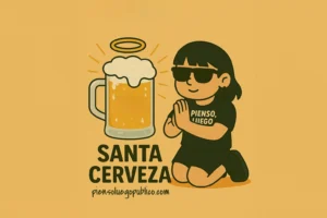 Ilustración de una mujer arrodillada rezando a una jarra de cerveza helada con el texto «Santa Cerveza». Lleva camiseta negra con la frase «Pienso, Luego Publico»