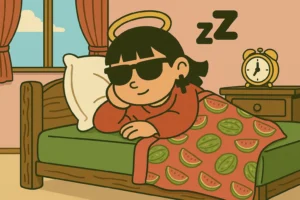 Ilustración de Santa Siesta española en su habitación creativa con melones, portátil y pendiente de cruz negra
