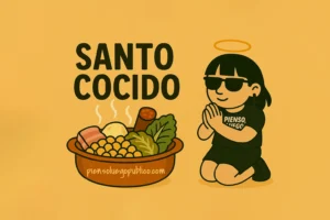 Ilustración estilo flat de mujer con halo abrazando una olla de cocido madrileño con la frase Santo Cocido.