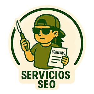 Sticker estilo digital de Sylvia con gorra y gafas oscuras, sujetando un bisturí y una hoja con la palabra “Contenido”. Diseño con borde color crema y texto “Servicios SEO” debajo.