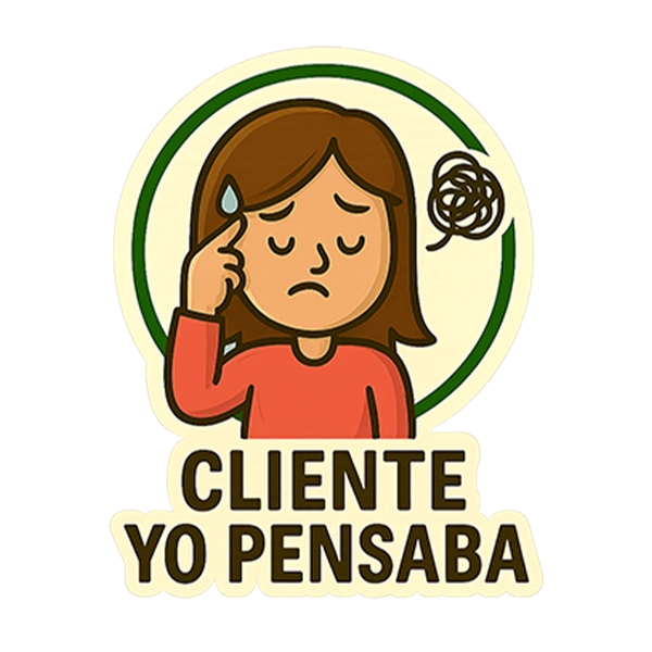 Sticker de mujer con cara preocupada y una nube de confusión. Representa al cliente que da por hecho cosas que nunca dijo.
