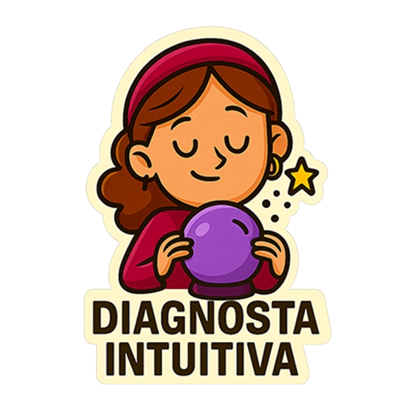 Sticker estilo digital de una clienta con los ojos cerrados y las manos en la sien, como si tuviera una visión mística. A su alrededor flotan iconos de chakras, energía y una web rota. Borde color crema y estética humorística para representar a la Diagnosta Intuitiva.