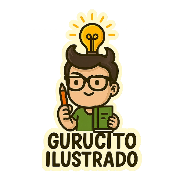 Sticker ilustrado de un personaje con túnica, turbante y portátil abierto mostrando un logo pixelado. Sostiene un libro de autoayuda brillante con aura mística. Borde color crema y estética irónica para representar al Gurucito Ilustrado.