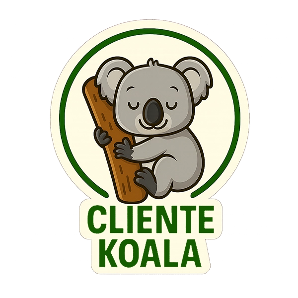 Sticker estilo cómic de un koala dormido sobre un teclado, con cara de paz absoluta y una nube de zzz sobre la cabeza. Diseño con borde crema y estilo humorístico para representar al cliente ausente.