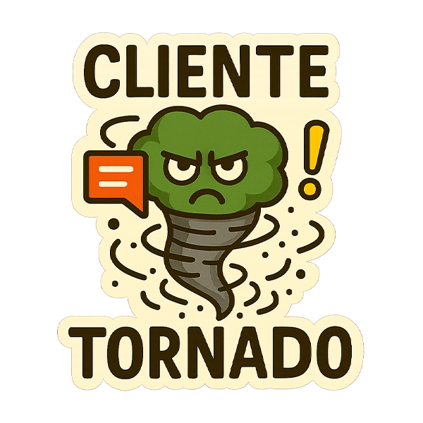 Sticker estilo cómic de un tornado despeinado girando en medio de papeles volando, con cara de urgencia y un reloj explotando en la mano. A su alrededor, iconos de email, WhatsApp y alertas. Borde color crema y estética caótica para representar al Cliente Tornado.