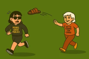 Ilustración divertida de una zapatilla voladora lanzada por una madre con precisión milimétrica hacia su hija, ambientada en tonos mostaza y fucsia. Representa el caos cotidiano con humor fino
