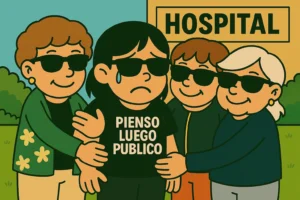 Sylvia saliendo del hospital tras la biopsia mamaria, abrazada por sus tías con gafas de sol, en un gesto de apoyo y humor