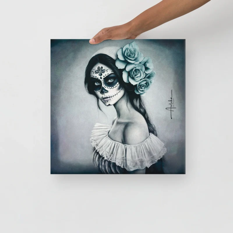 Lienzo artístico de Arleka: Catrina de Rosas Heladas con rosas azul hielo y estética elegante, inspirado en la tradición mexicana del Día de Muertos.