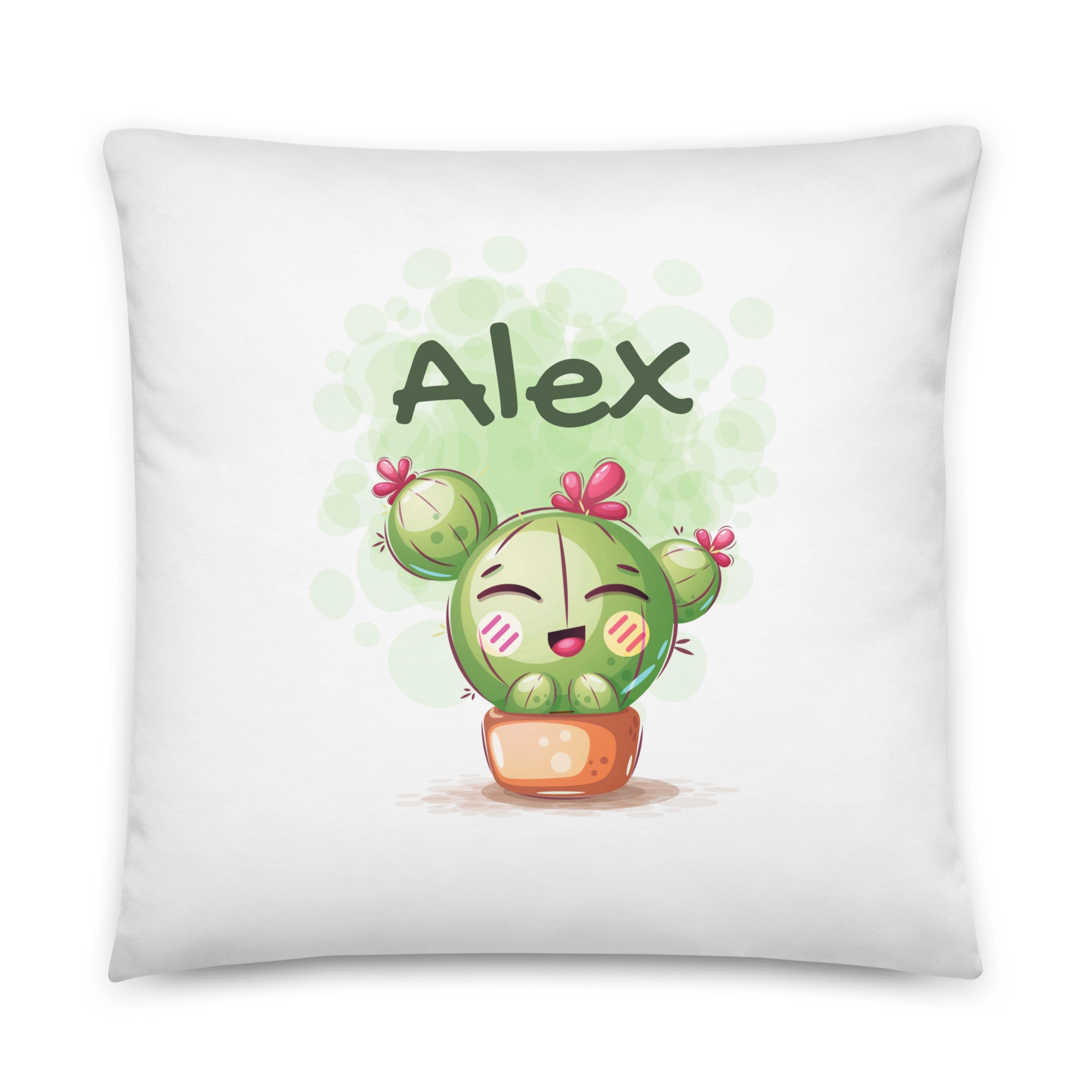 Cojín infantil con cactus sonriente y nombre personalizado Alex
