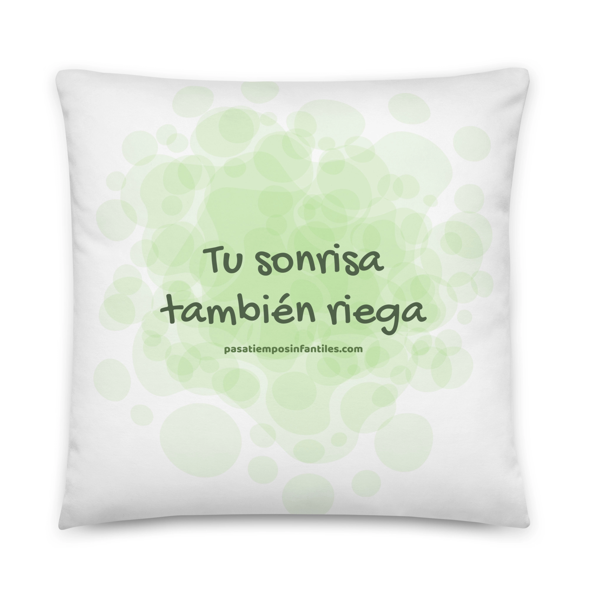 Cojín decorativo con frase motivadora "Tu sonrisa también riega"
