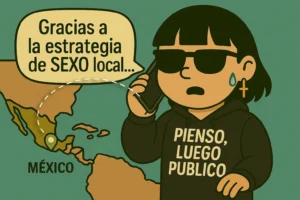 Ilustración de Sylvia diciendo «Gracias a la estrategia de SEXO local» en una llamada internacional desde Pienso Luego Público, con conexión visual entre México y España.