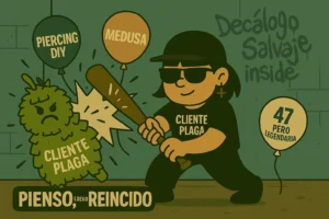 Sylvia golpeando una piñata de cliente plaga con un bate que dice "Pienso, luego reincido", celebrando su 47 cumpleaños con humor y actitud salvaje.