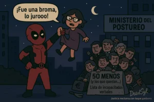 Ilustración de sátira política: personaje estilo Deadpool levanta a una mujer que grita “¡Fue una broma, lo juro!”, frente al Ministerio del Postureo y una montaña de políticos etiquetados como "Lista de incapacitados verbales". Imagen con humor negro de Pienso Luego Público.
