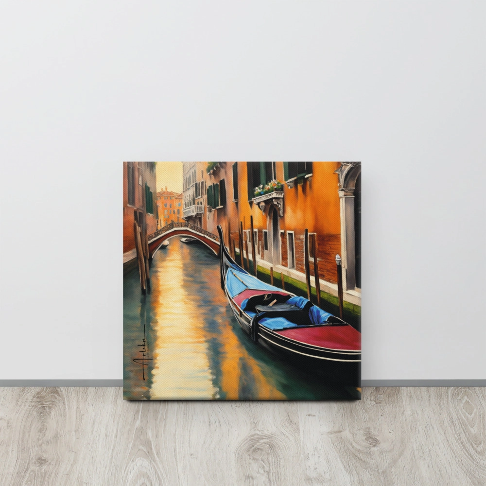 Lienzo decorativo con paisaje de canal veneciano y reflejos dorados