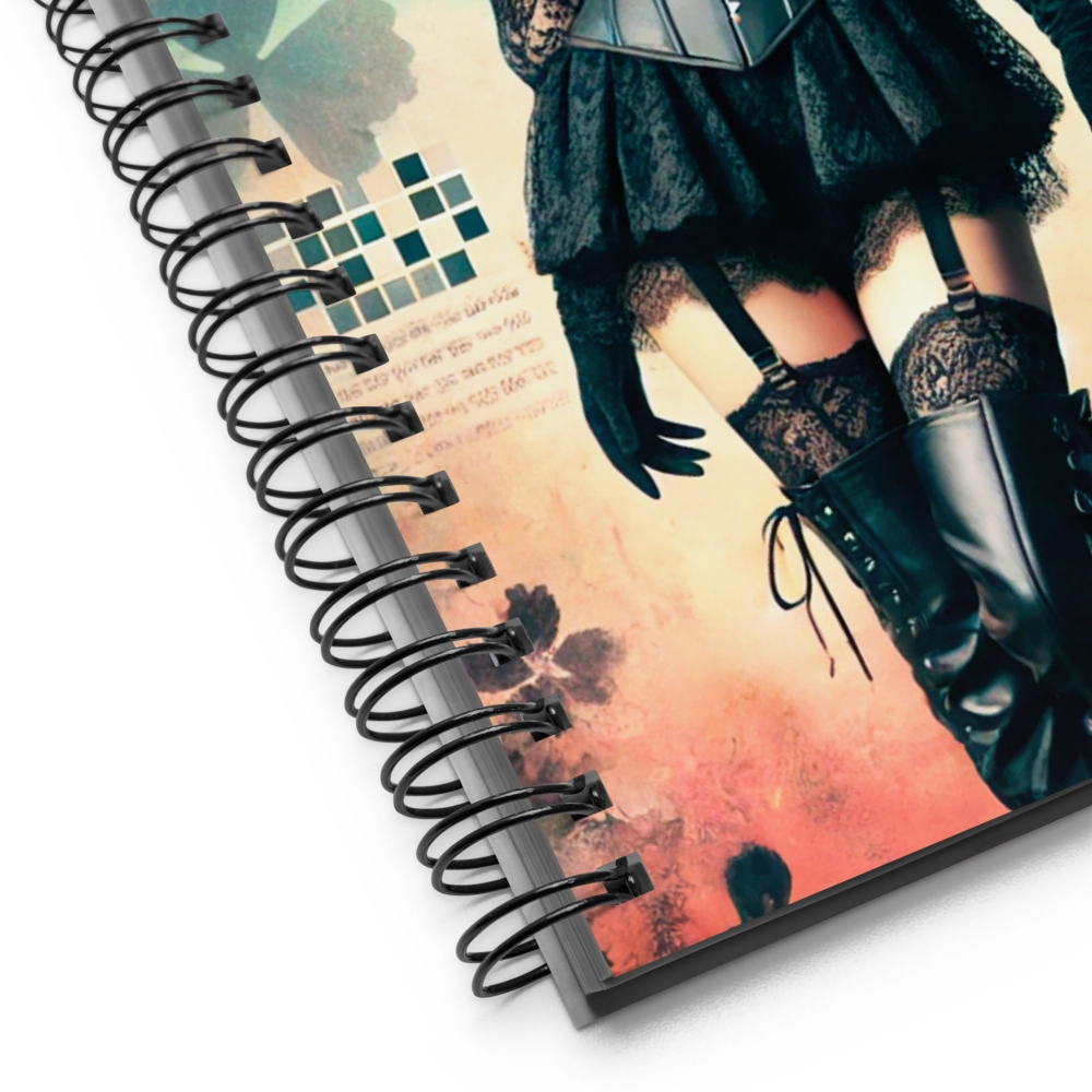 Detalle de encuadernación espiral en libreta ilustrada Encaje Letal