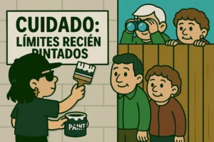 Ilustración de mujer pintando un cartel que dice «Cuidado: límites recién pintados» mientras familiares la espían por encima de una valla con prismáticos. Representación visual del egoísmo bueno y el respeto a los límites personales.