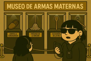 Ilustración estilo vintage que muestra el "Museo de Armas Maternas", con vitrinas que exponen objetos domésticos como la zapatilla consagrada, la frégona de la unción, el cucharón de la ira y la percha de la amenaza silenciosa. Dos visitantes observan la exposición con audioguía. Humor visual gamberro.