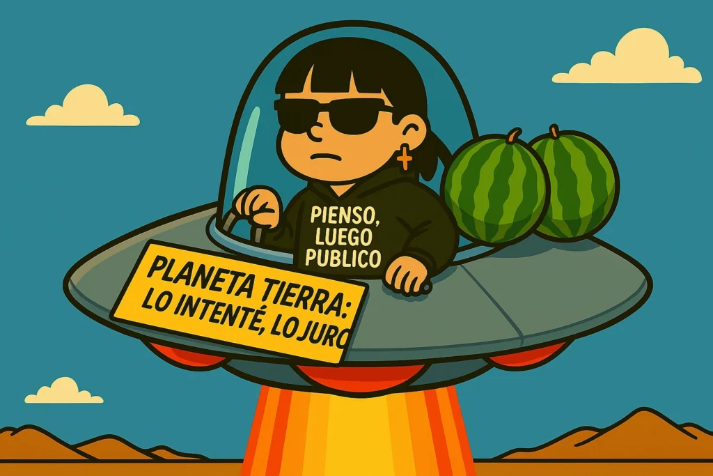 Ilustración crítica sobre superioridad moral y contradicciones políticas, con nave espacial rumbo a Venus como metáfora de pensamiento propio y huida de ideologías impuestas