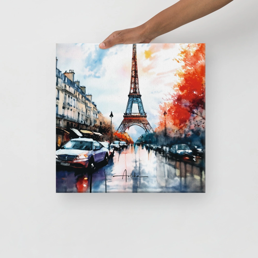 Paisaje de París en lienzo con arte digital de la Torre Eiffel al atardecer – Obra decorativa de Arleka