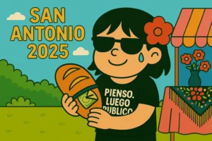 Avatar de Pienso Luego Publico con el pan del dinero en la romería de San Antonio 2025, estilo cartoon divertido y colores vivos.