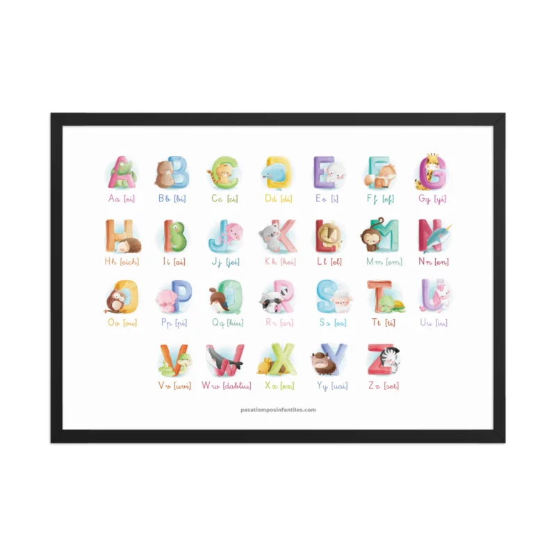 Póster abecedario inglés infantil con animales – vista frontal enmarcado marco color negro