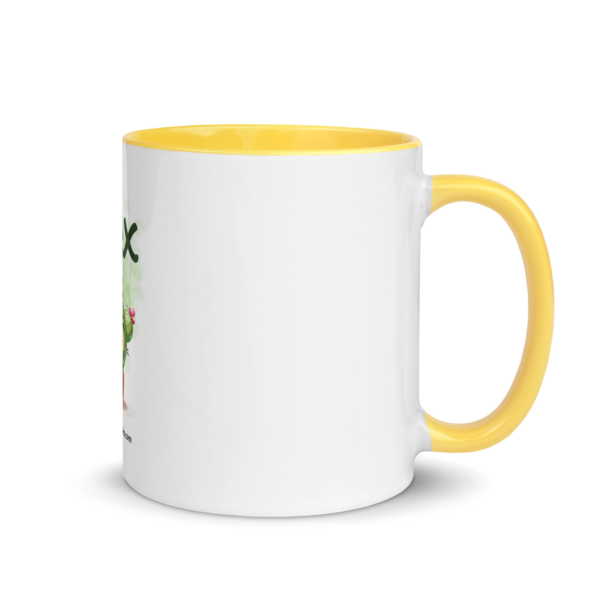 ista lateral de taza infantil personalizada con interior amarillo, diseño limpio