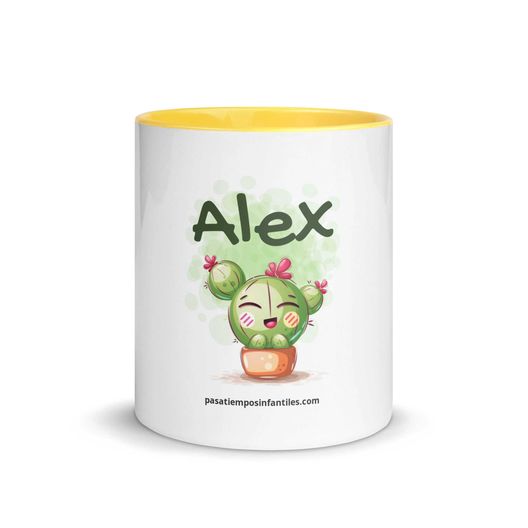 Taza de cactus personalizada para niños, interior amarillo, 11 oz