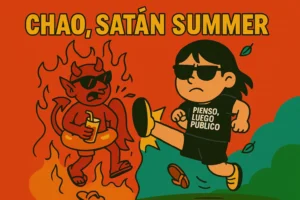 Ilustración divertida Chao Satán Summer pateando al calor con humor gamberro en Pienso Luego Publico durante la ola de calor en España