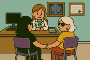 Sylvia recibiendo diagnóstico de neoplasia maligna mamaria en consulta médica, acompañada y con apoyo emocional de su madre.