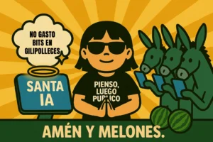 Ilustración de Santa IA canonizada en San Melones diciendo “No gasto bits en gilipolleces”, con burros digitales mirando móviles y el lema Amén y melones.