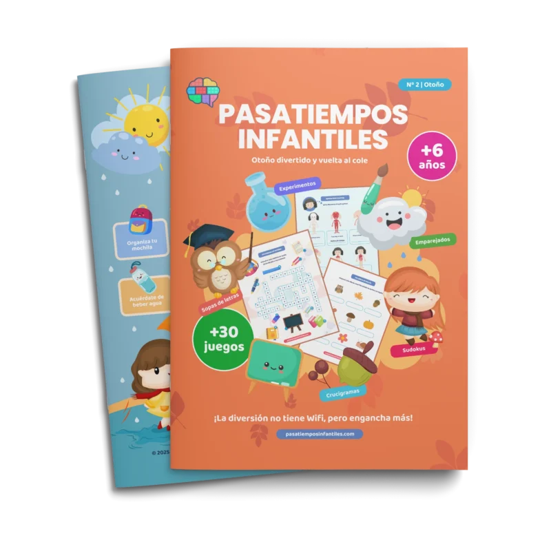 Portada del Libro de Pasatiempos Infantiles Otoño 2025 con más de 30 juegos y actividades educativas para niños +6 años