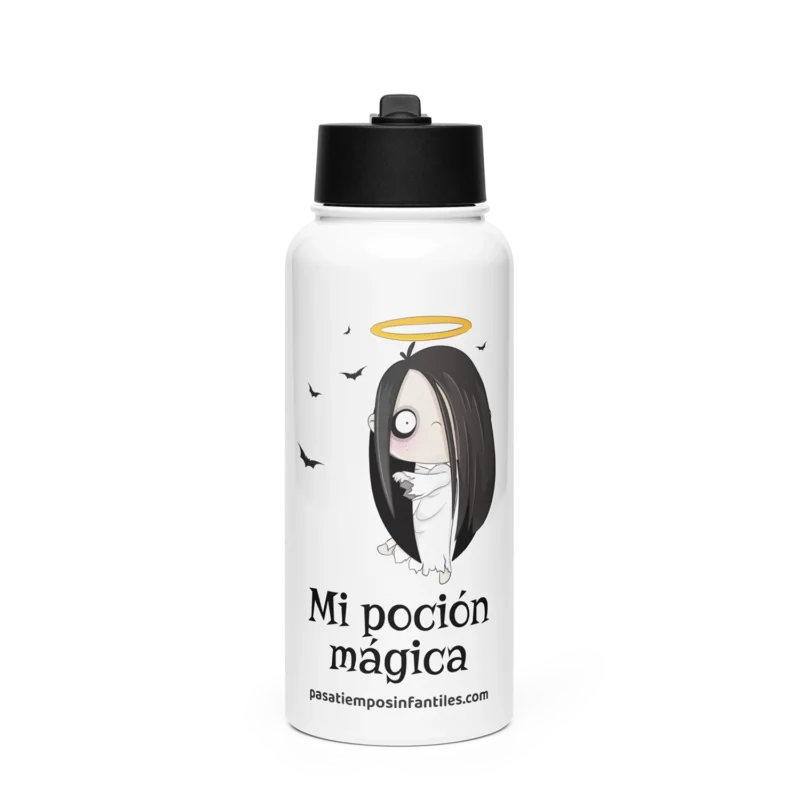 Botella infantil reutilizable Mi poción mágica de acero inoxidable con tapa negra.