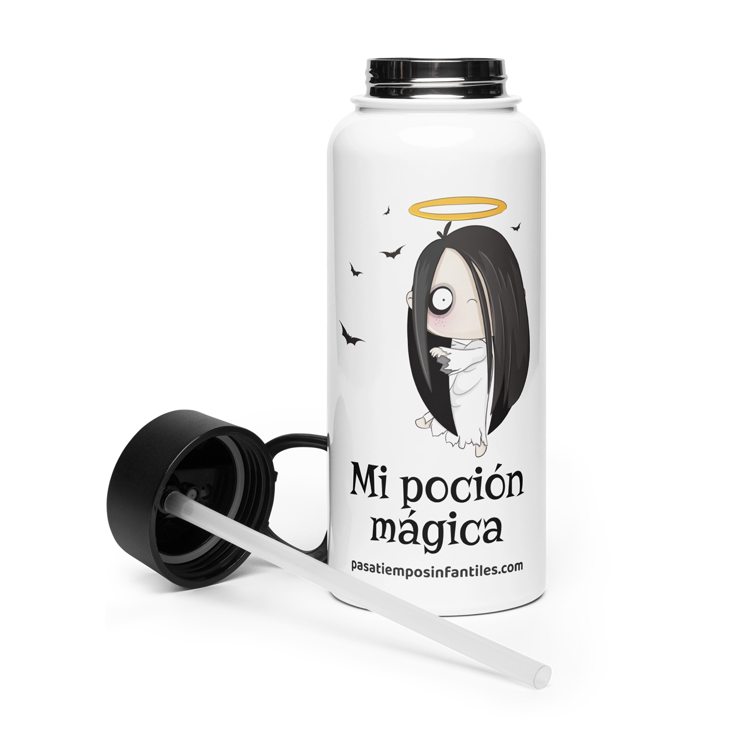 Botella infantil de acero inoxidable con diseño de fantasma y frase Mi poción mágica